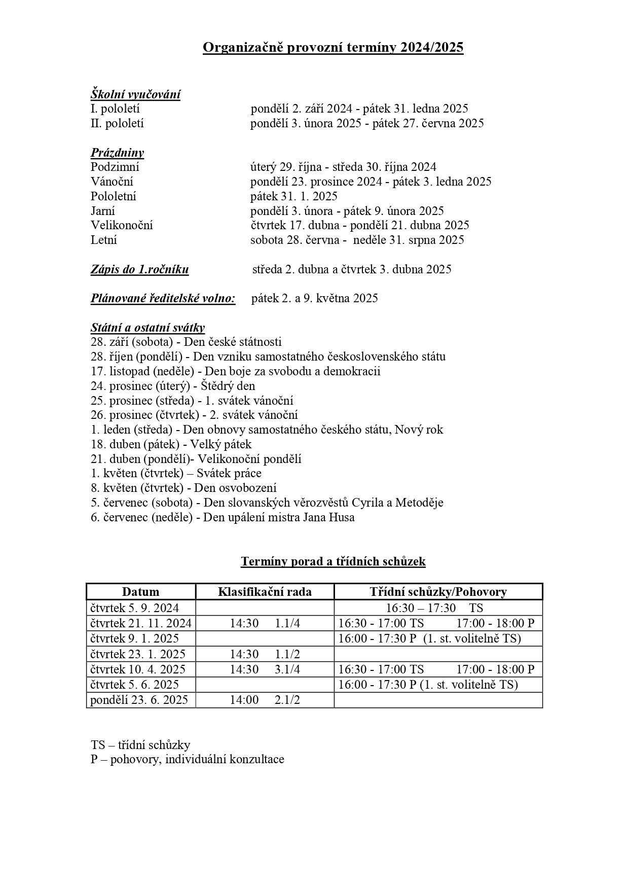 Organizace školního roku 2024 2025